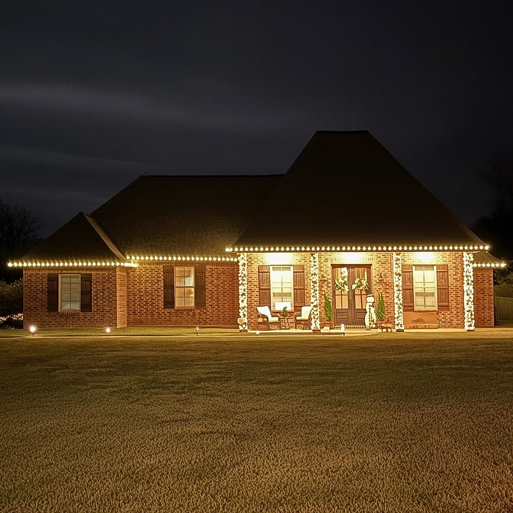 Brick home with warm white roofline and wrapped porch columns